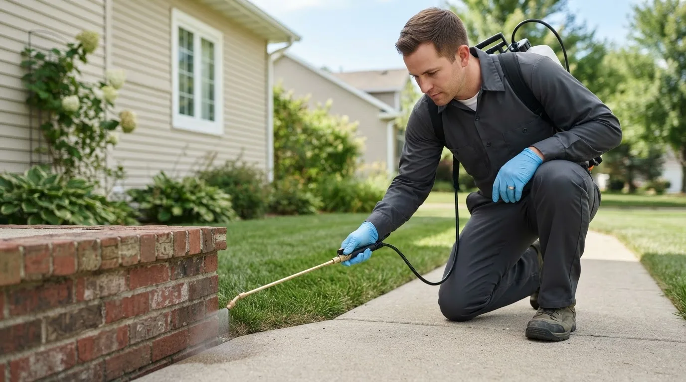 Pest control technician treating a home near Kempton, IN