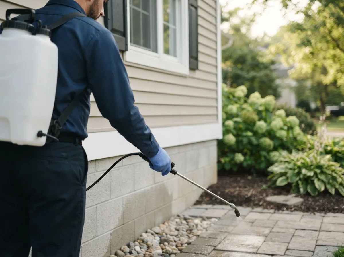 Pest control technician inspecting a home in Kempton, IN